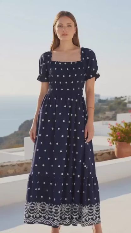 Yumi Smocked Navy Floral Border Hemline Maxi Dress