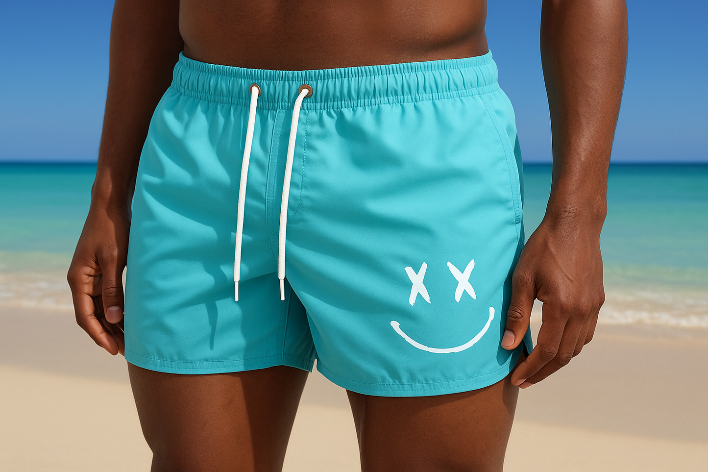Professional men's swim shorts with X-eyes smiley design