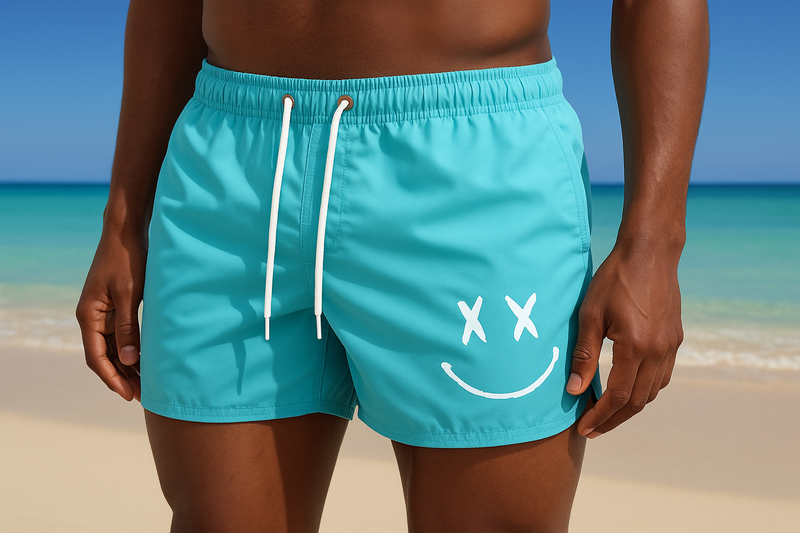 Professional men's swim shorts with X-eyes smiley design