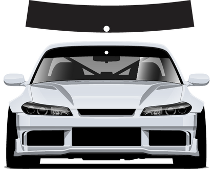 Car with a black sunshade on the windshield against a white background