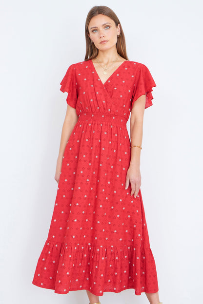 Red Broderie Anglaise Wrap Midi Dress With Flower Embroidery - Bascora