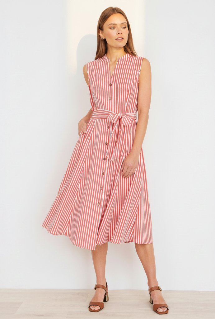 Red Stripe Midi Sleeveless Shirt Dress