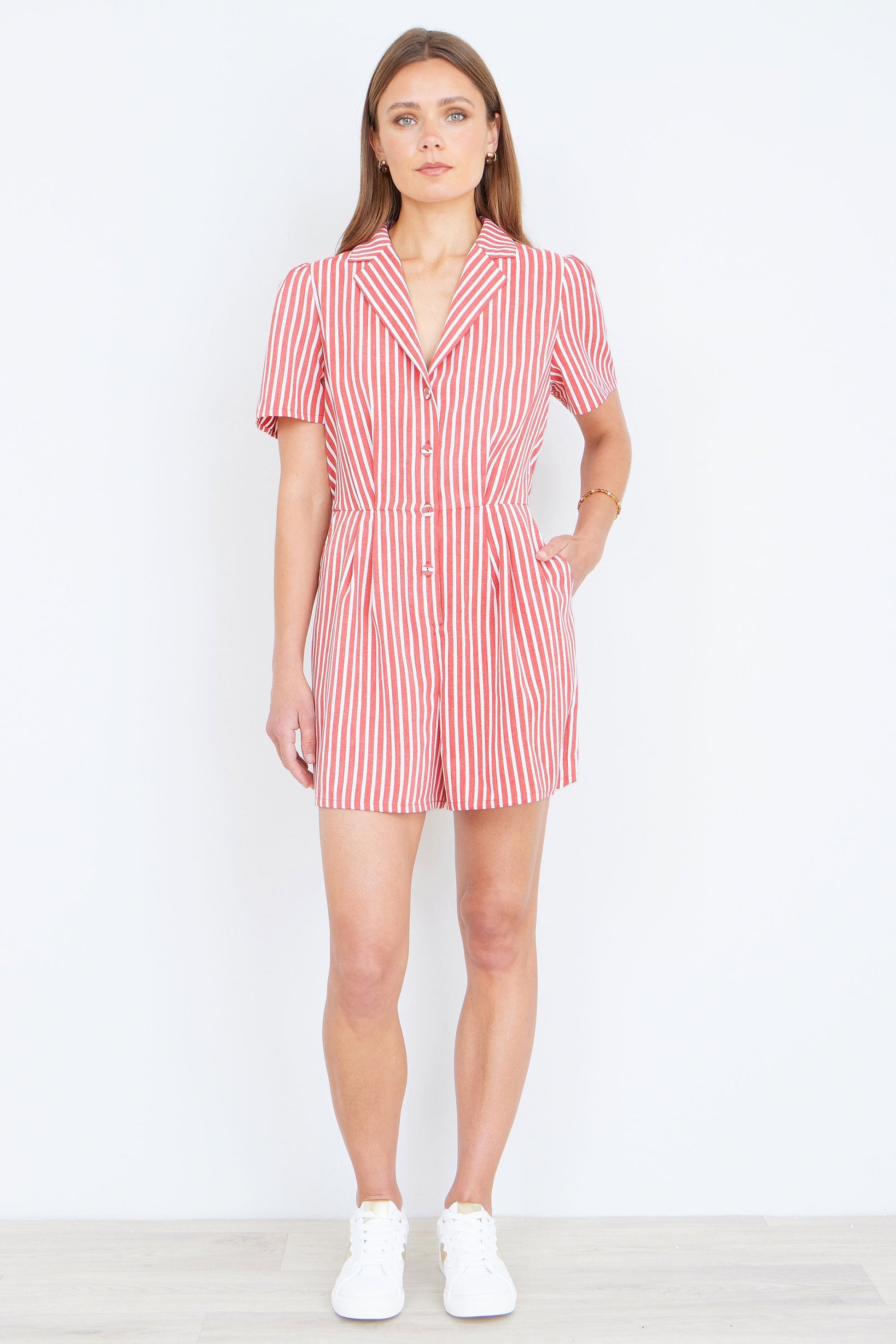 Red Stripe Retro Playsuit - Bascora