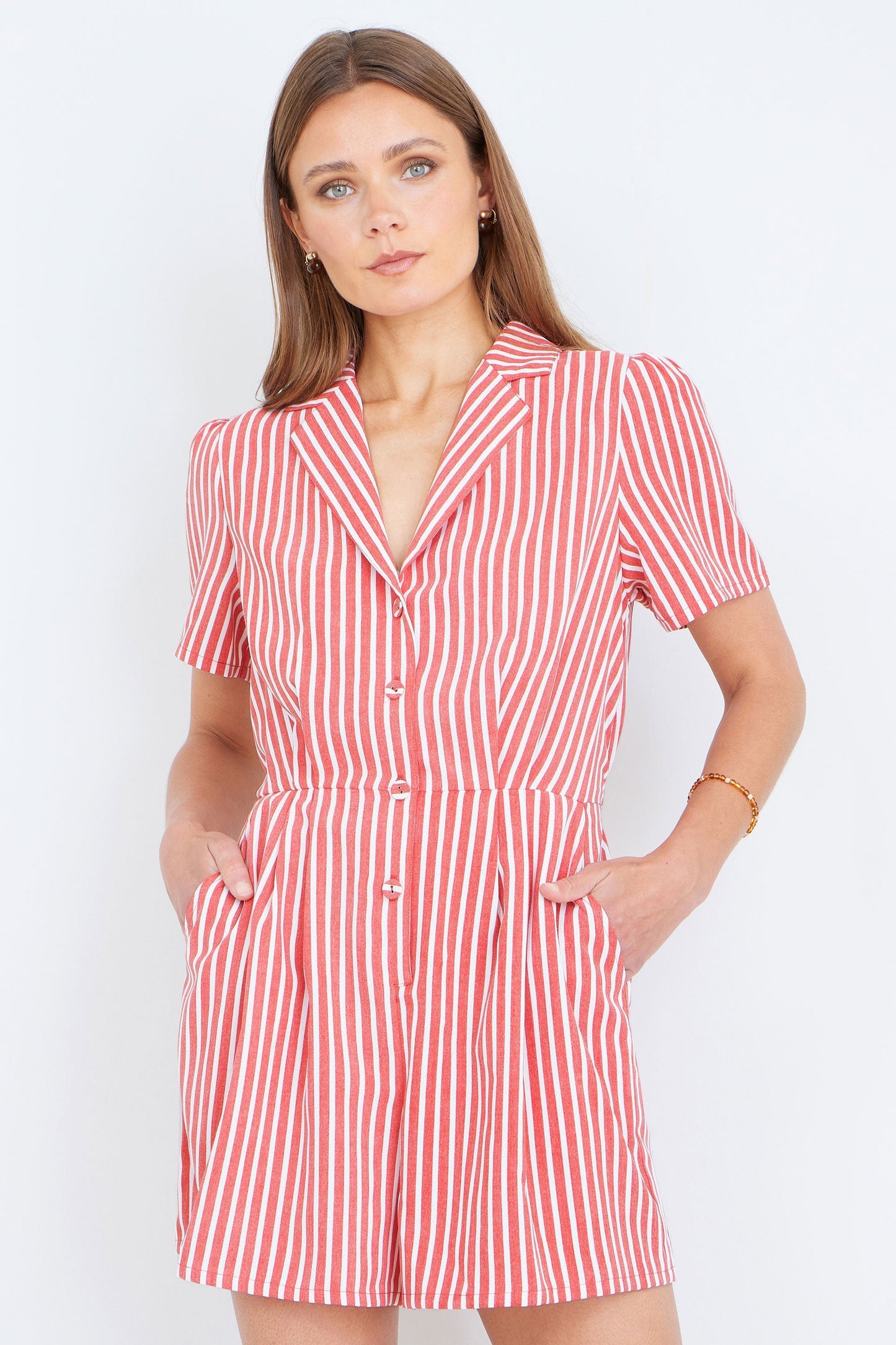 Red Stripe Retro Playsuit - Bascora