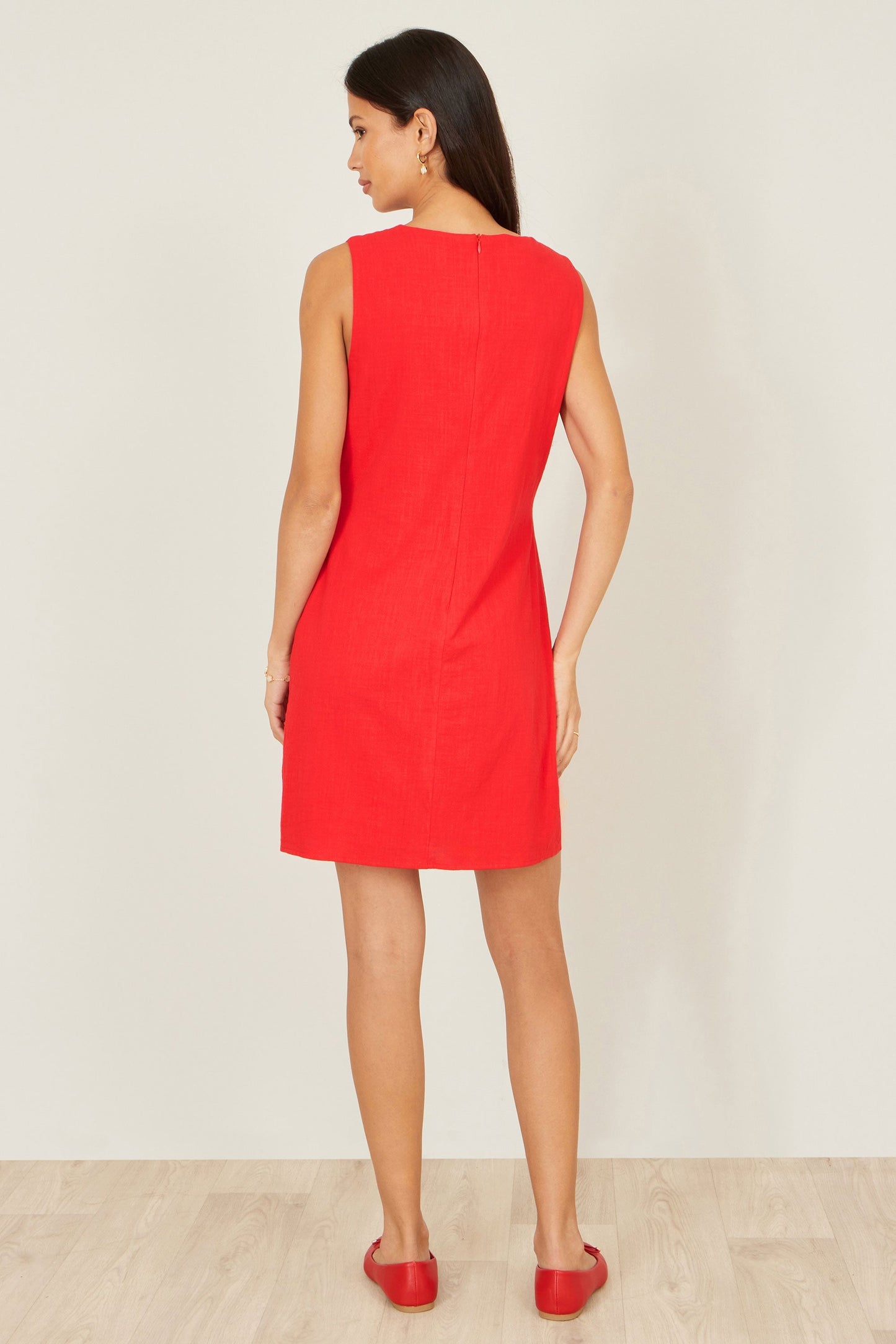 Red Viscose Button Detail Shift Dress - Bascora