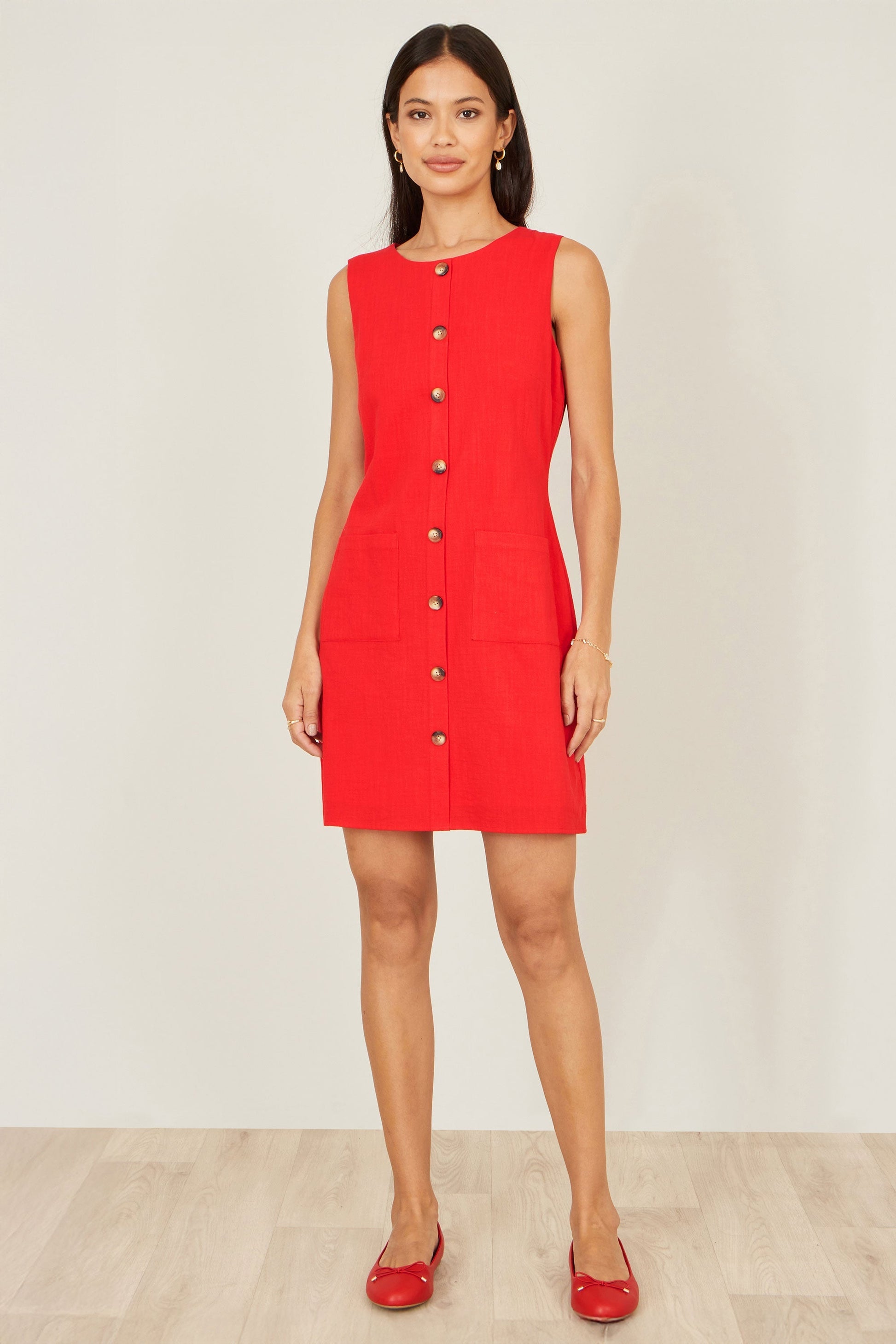 Red Viscose Button Detail Shift Dress - Bascora