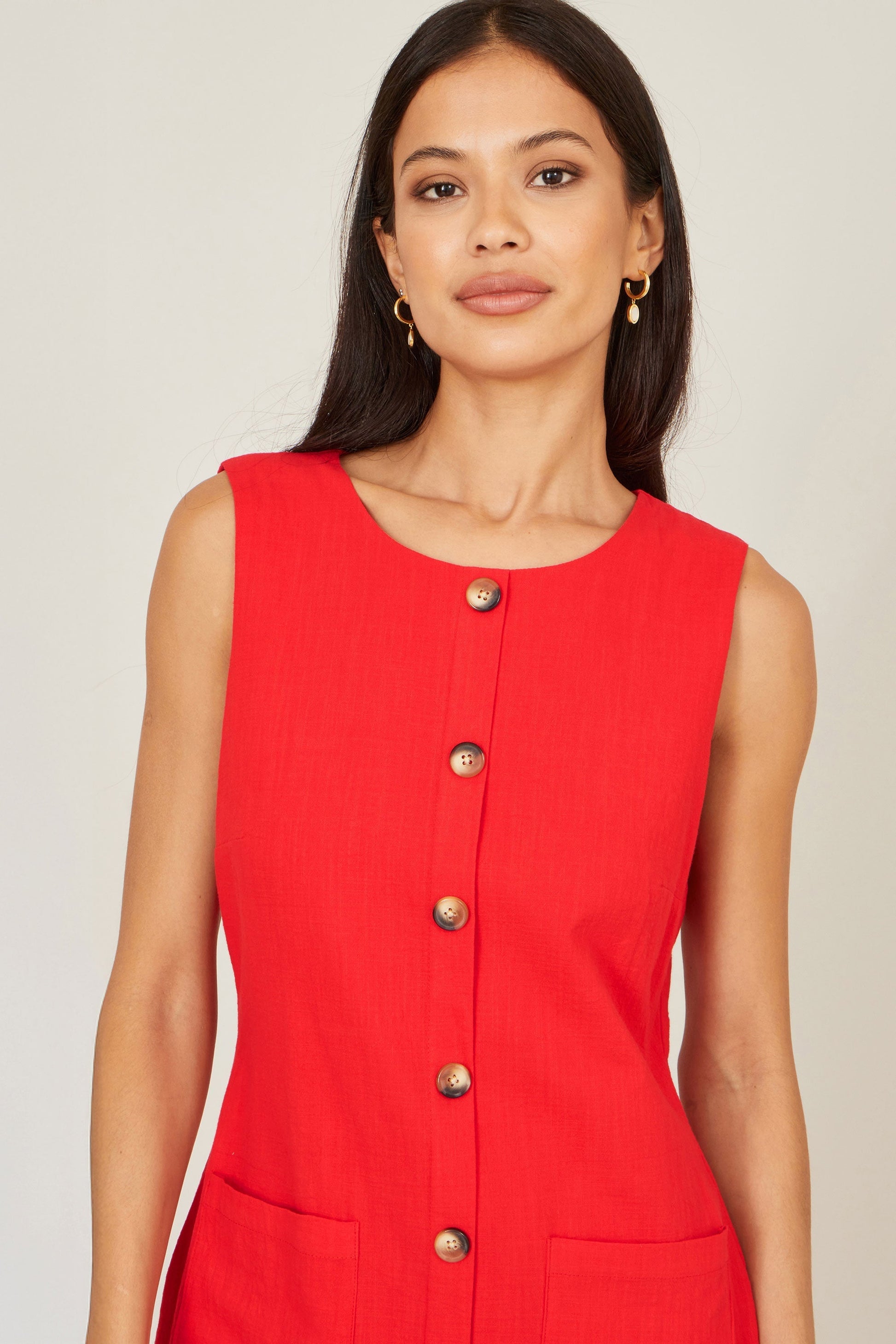Red Viscose Button Detail Shift Dress - Bascora