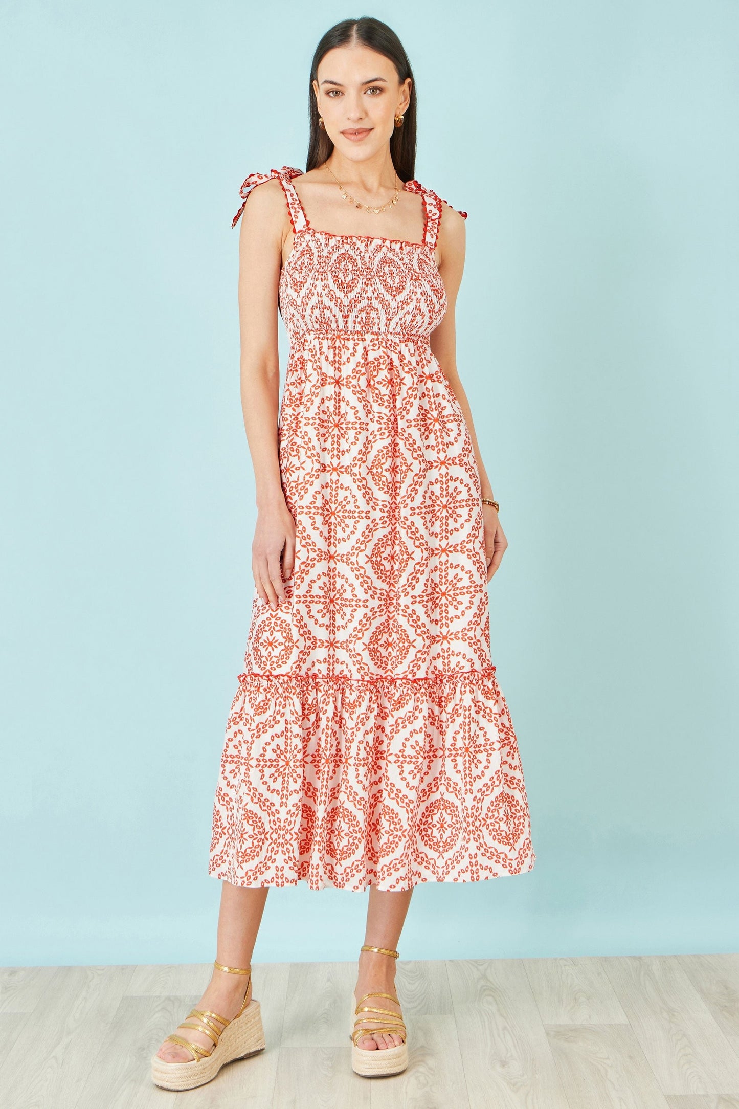 Red Viscose Ruched Tie Strap Midi Sun Dress - Bascora