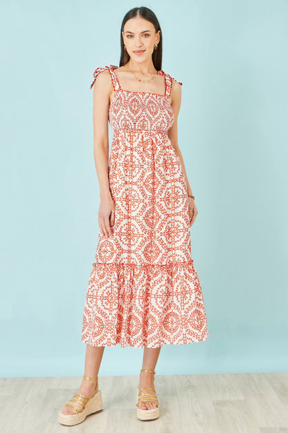 Red Viscose Ruched Tie Strap Midi Sun Dress - Bascora