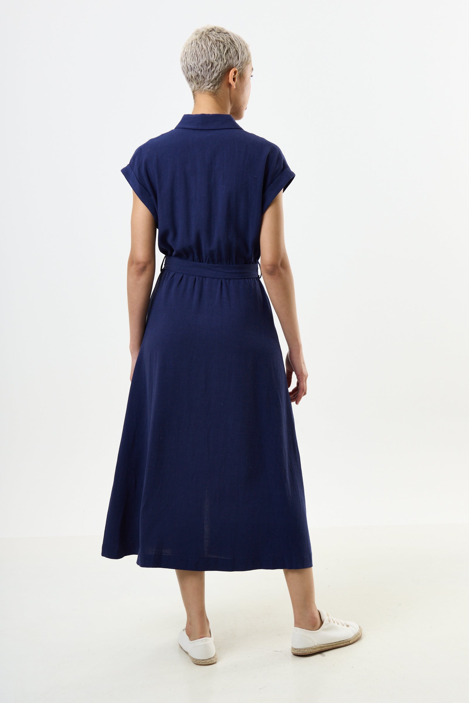 Reese Linen Mix Button Through Midi Shirt Dress - Navy - Bascora