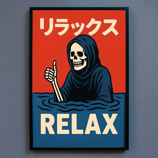 Framed poster with a skeleton giving a thumbs up and the word 'RELAX' on a red and blue background.