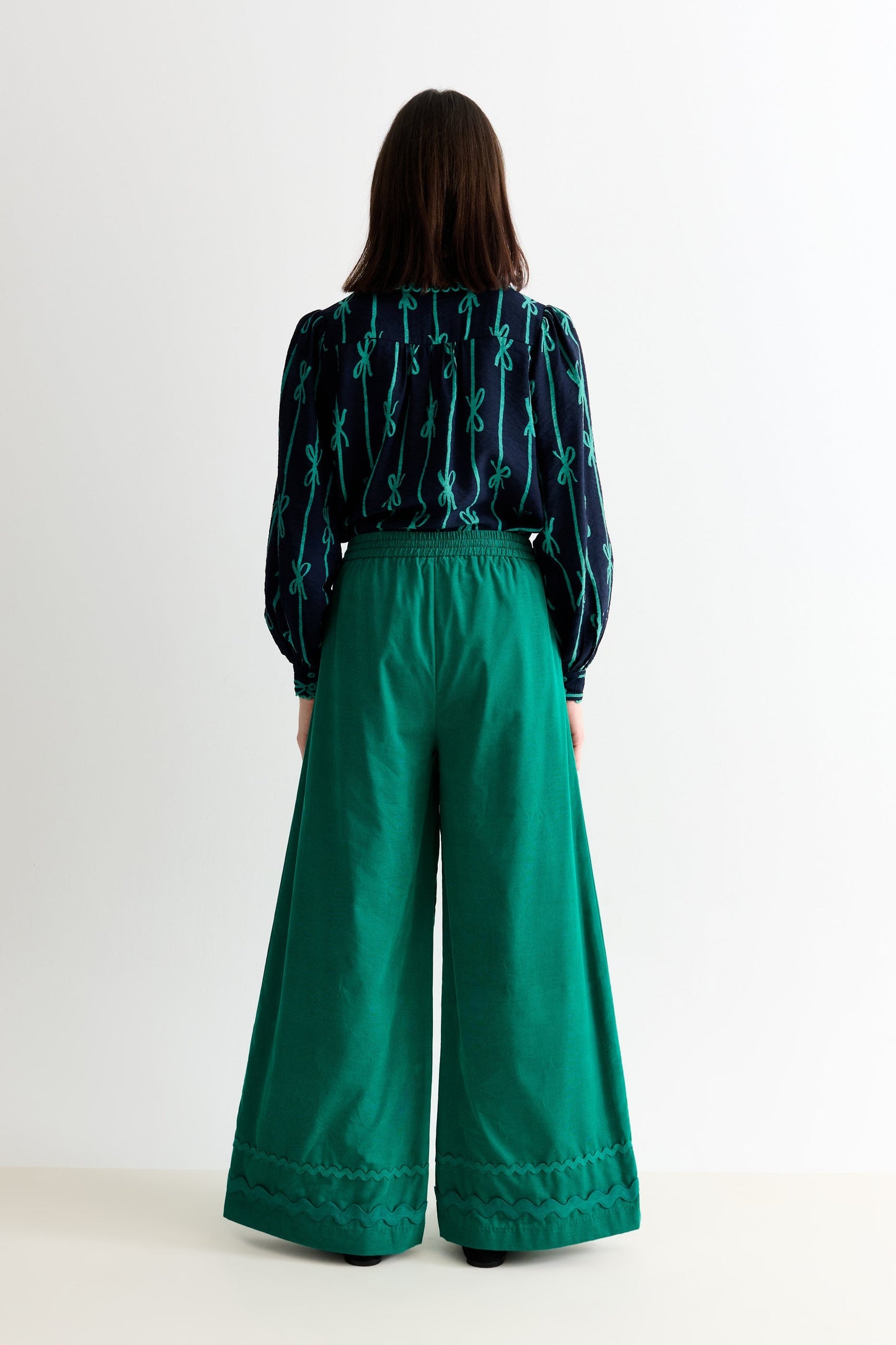 River Babycord Ric Rac Trim Wide Leg Trouser - Teal - Bascora