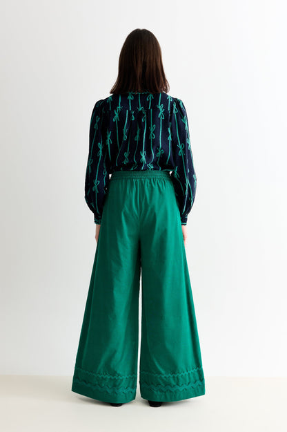 River Babycord Ric Rac Trim Wide Leg Trouser - Teal - Bascora