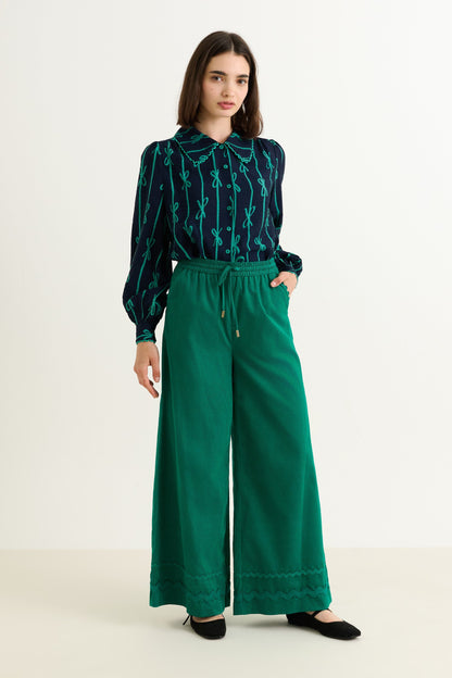 River Babycord Ric Rac Trim Wide Leg Trouser - Teal - Bascora