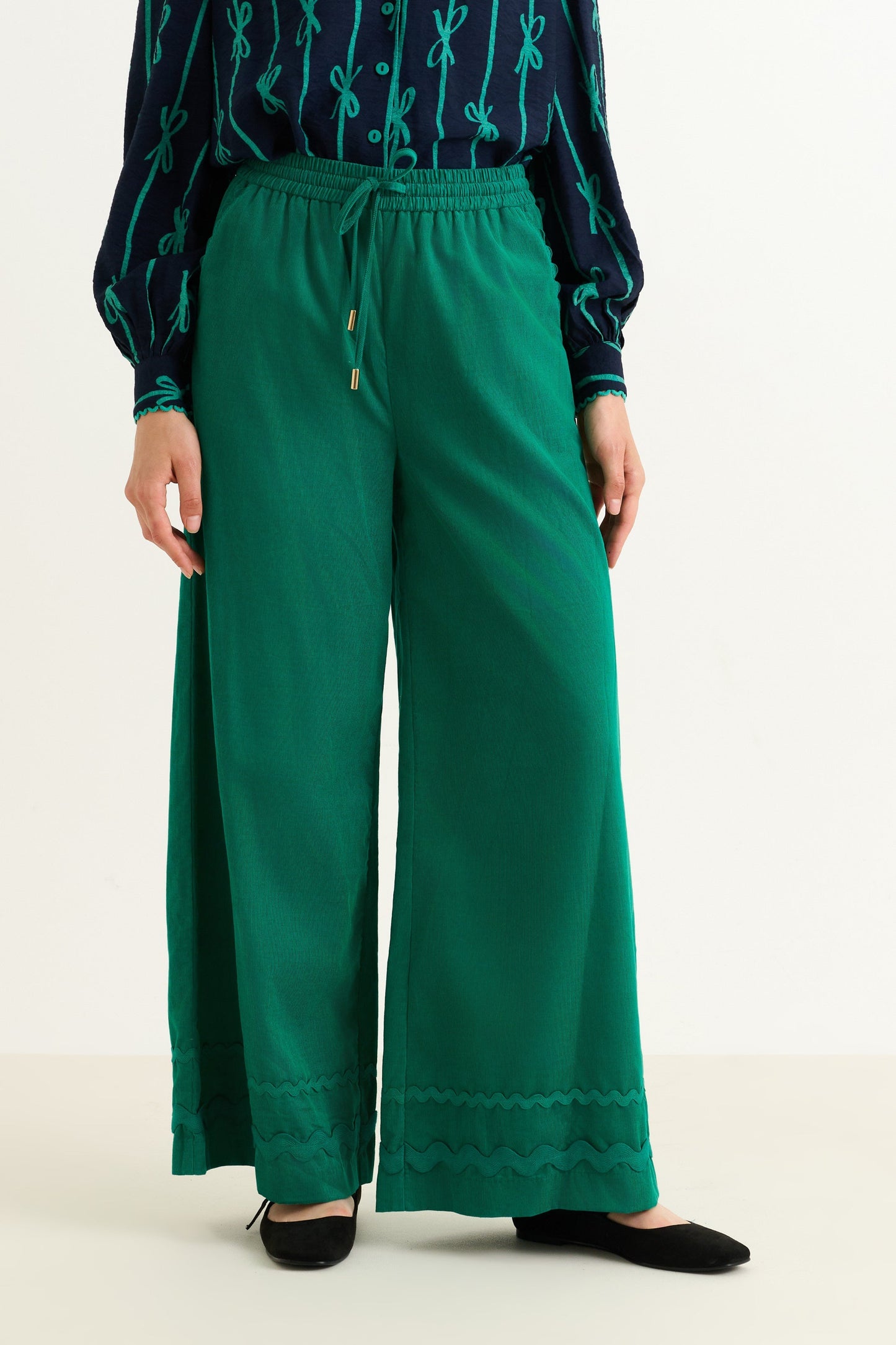 River Babycord Ric Rac Trim Wide Leg Trouser - Teal - Bascora