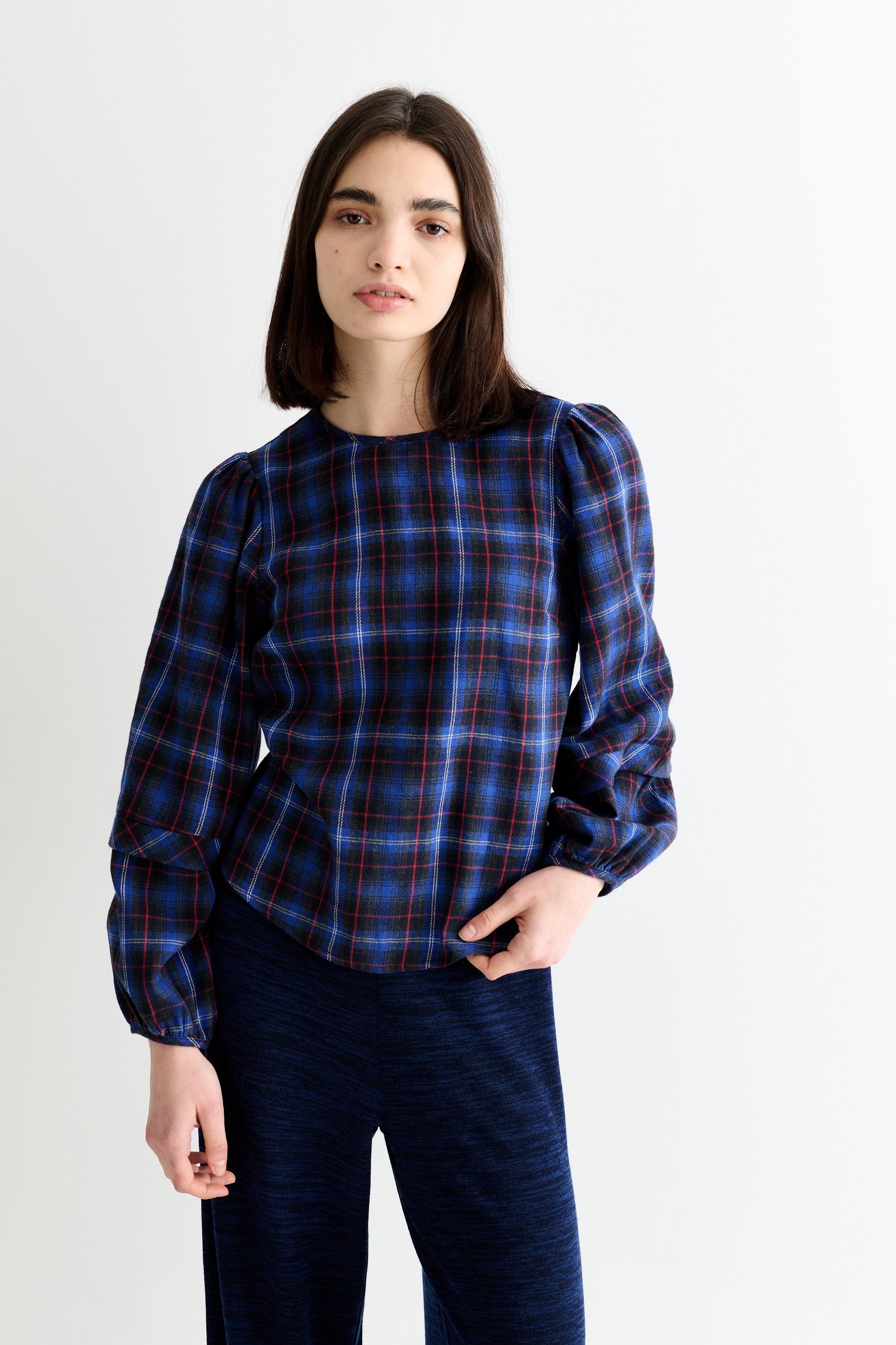 Rivka Winter Check Pleat Long Sleeve Blouse - Blue - Bascora