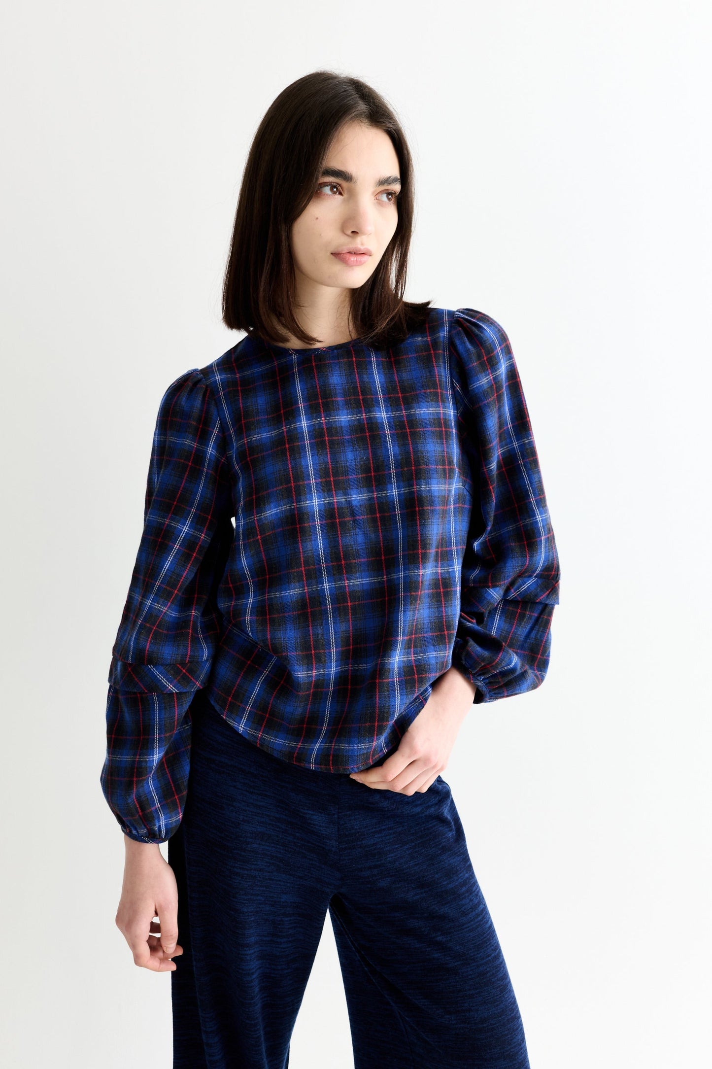 Rivka Winter Check Pleat Long Sleeve Blouse - Blue - Bascora