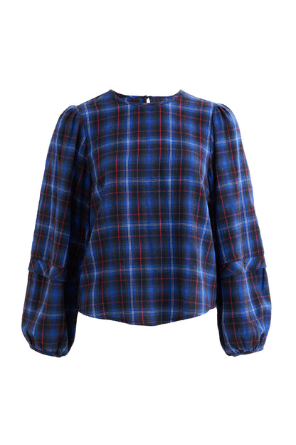 Rivka Winter Check Pleat Long Sleeve Blouse - Blue - Bascora