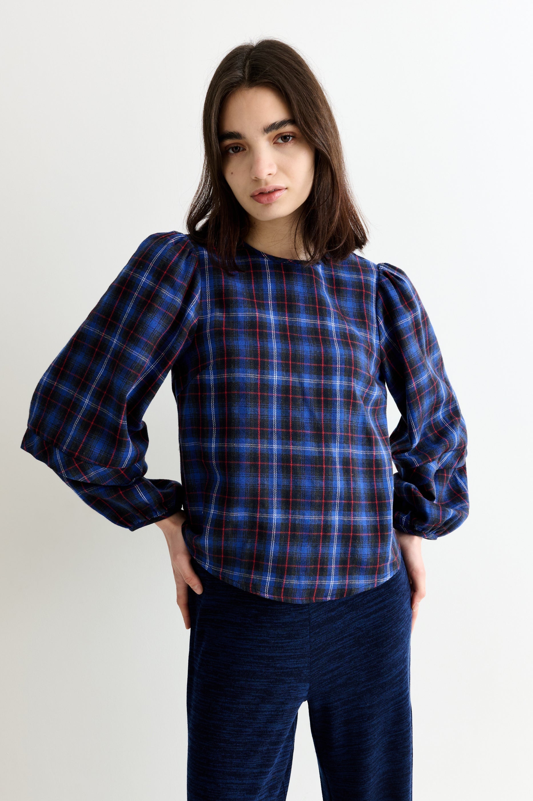 Rivka Winter Check Pleat Long Sleeve Blouse - Blue - Bascora