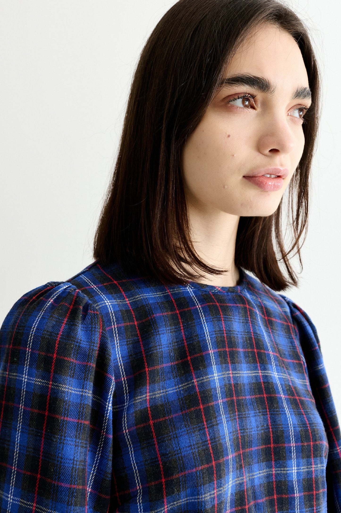 Rivka Winter Check Pleat Long Sleeve Blouse - Blue - Bascora