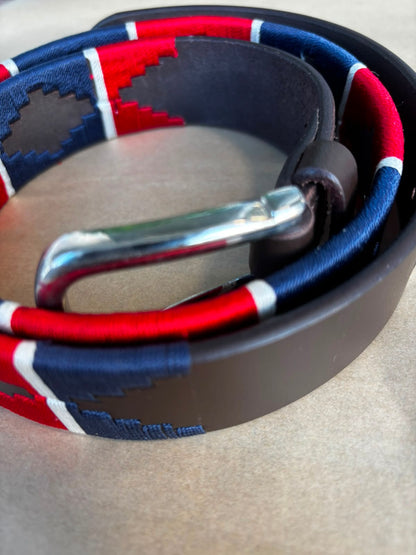 Bascora Hand-Stitched Leather Polo Belt in Navy, Red & White