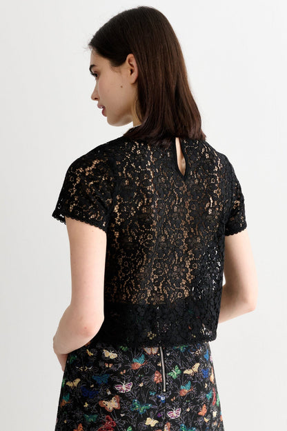 Rufaro Lace Trim Short Sleeve Blouse - Black - Bascora