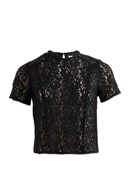 Rufaro Lace Trim Short Sleeve Blouse - Black - Bascora