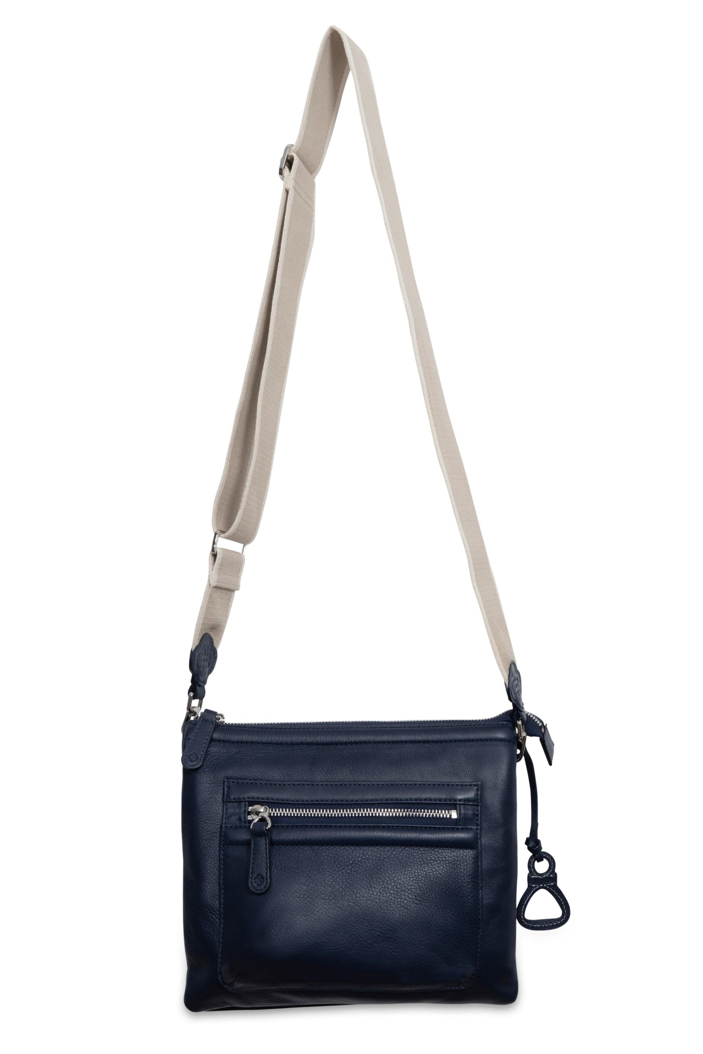 Black leather crossbody bag with beige strap on a white background