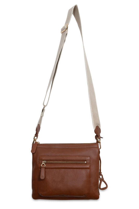 Brown leather crossbody bag with a beige strap on a white background