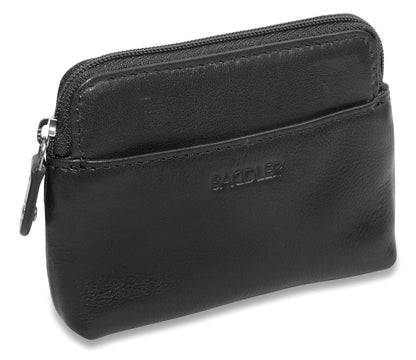 Black leather wallet with a zipper on a white background