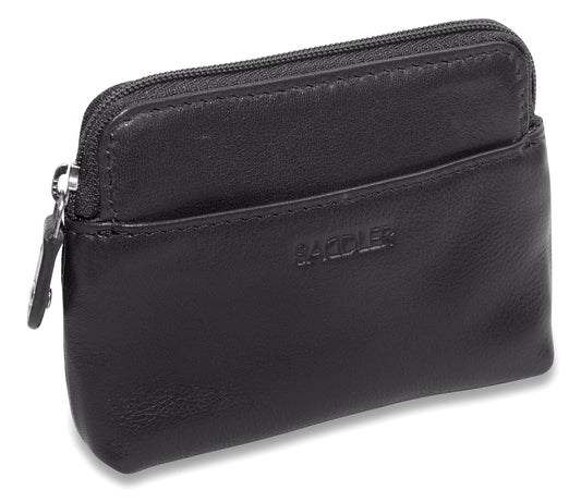 Black leather wallet with a zipper on a white background