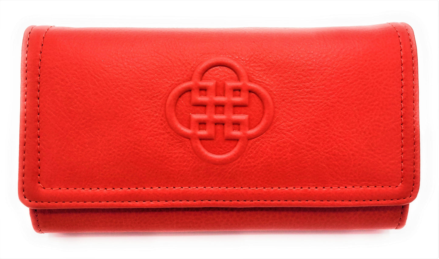 Red wallet with a central emblem on a white background