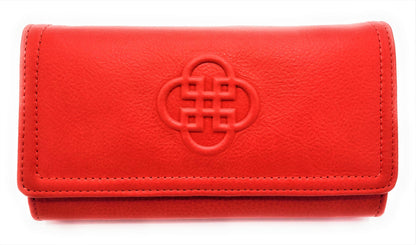Red wallet with a central emblem on a white background