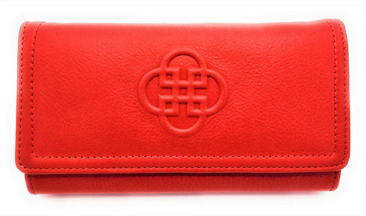Red wallet with a central emblem on a white background