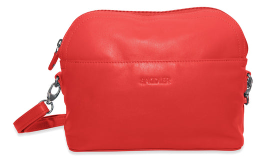 Red leather crossbody bag with a strap on a white background