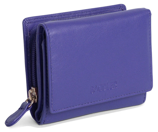 Purple wallet with a visible brand logo on a white background