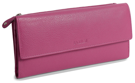 Pink wallet with a visible brand logo on a white background