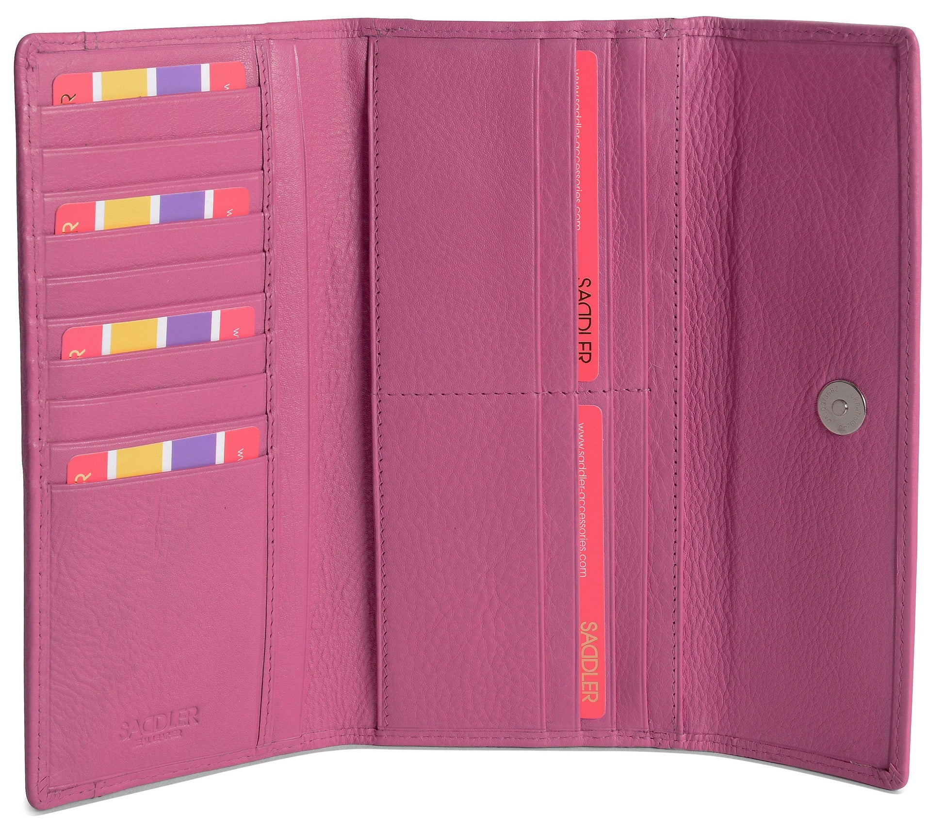 Pink wallet with card slots on a white background