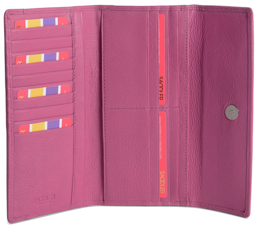 Pink wallet with card slots on a white background