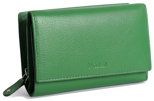 Green wallet with brand logo on a white background
