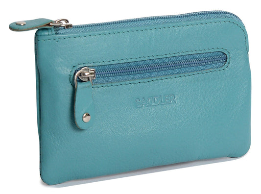 Teal wallet with a zipper on a white background