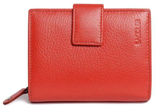 Red leather wallet with a visible brand logo on a white background