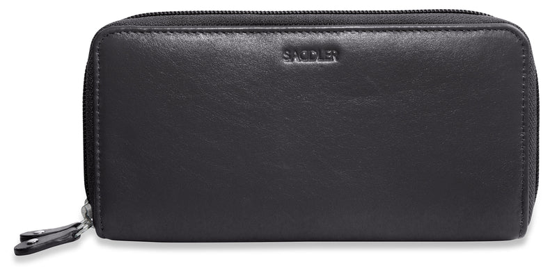 Black leather wallet with a visible brand logo on a white background