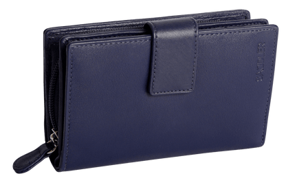 Navy blue wallet with a visible brand logo on a transparent background