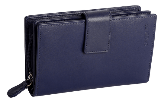 Navy blue wallet with a visible brand logo on a transparent background