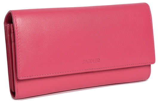 Pink wallet with 'RAUDER' branding on a white background