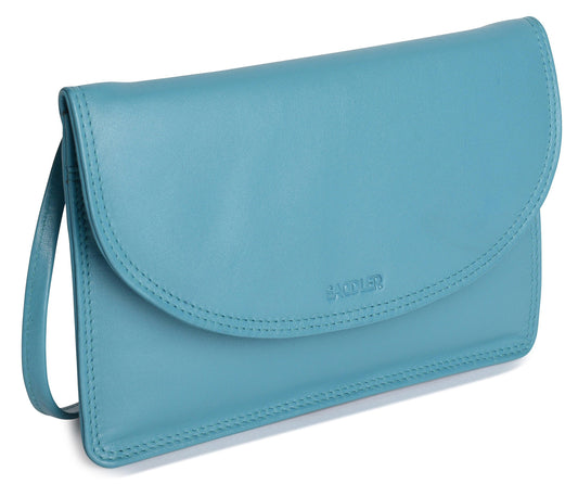 Blue handbag with a visible brand logo on a white background