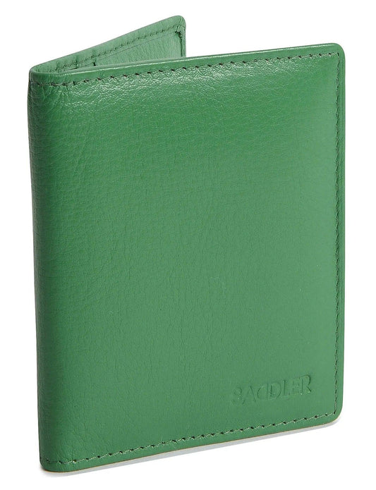 Green leather wallet with 'SADDLER' branding on a white background
