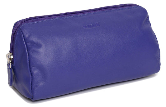 Blue leather toiletry bag with a visible brand logo on a white background
