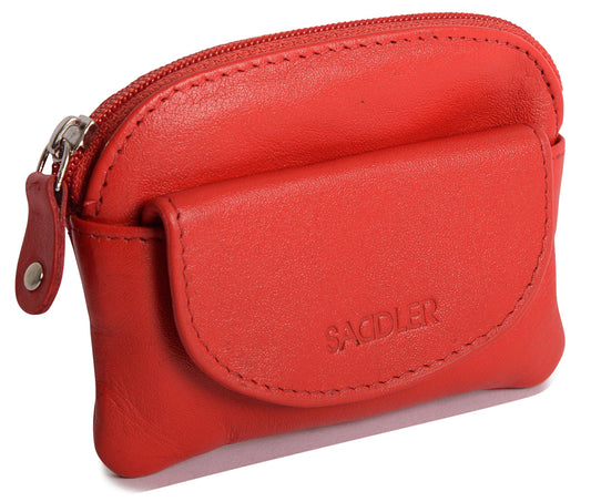 Red leather pouch with a zipper on a white background